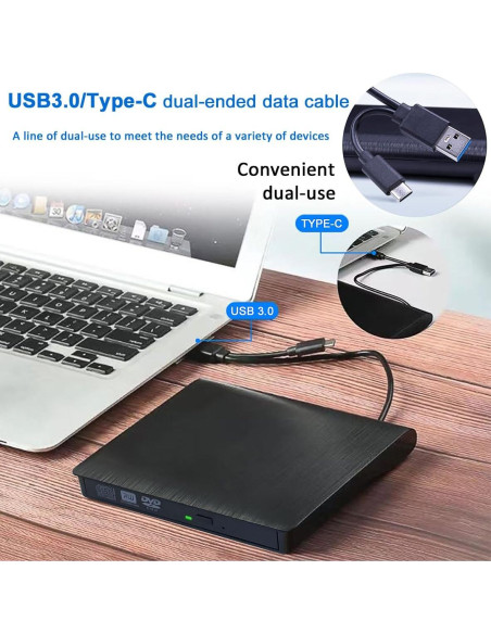 Unidad DVD Externa PFDHQS USB 3.0 y Tipo-C, Grabadora CD/DVD