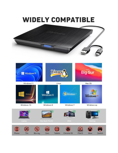 Unidad Externa de CD/DVD XRTFORE, USB 3.0, Ultra Delgada