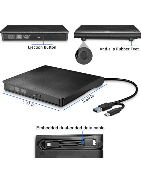 Unidad DVD Externa PFDHQS USB 3.0 y Tipo-C, Grabadora CD/DVD