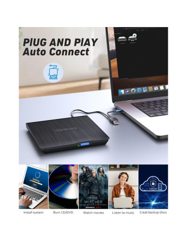 Unidad Externa de CD/DVD XRTFORE, USB 3.0, Ultra Delgada