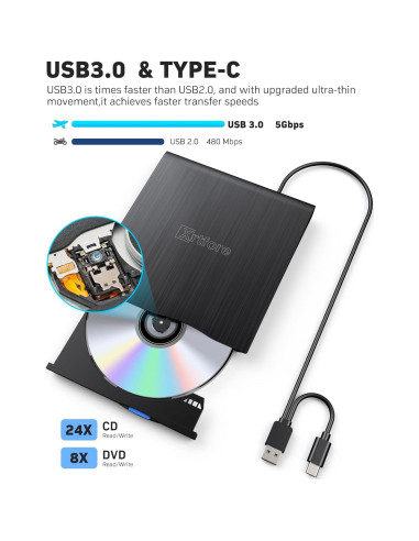 Unidad Externa de CD/DVD XRTFORE, USB 3.0, Ultra Delgada