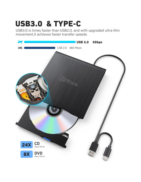 Unidad Externa de CD/DVD XRTFORE, USB 3.0, Ultra Delgada
