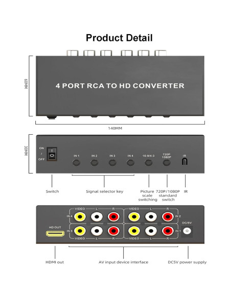 Convertidor AV a HDMI 1080P LUKFOCAB 4 Puertos RCA
