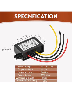 Módulo Convertidor de Voltaje Klnuoxj 12V/24V a 5V 5A 25W 2