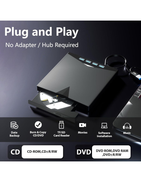 Unidad Externa de CD/DVD Yaeonku USB 3.0 7 en 1 para PC