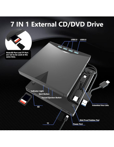 Unidad Externa de CD/DVD Yaeonku USB 3.0 7 en 1 para PC
