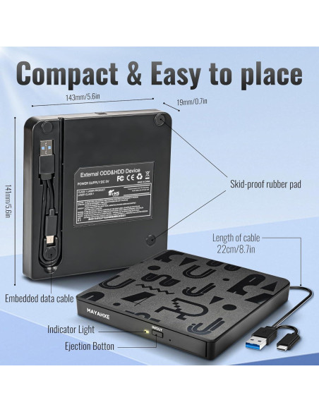 Unidad Externa de CD/DVD MAYAHXE USB 3.0 Tipo C Portátil