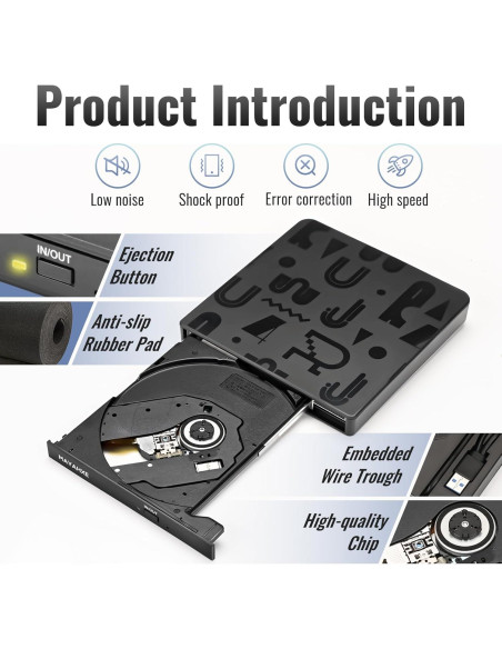 Unidad Externa de CD/DVD MAYAHXE USB 3.0 Tipo C Portátil