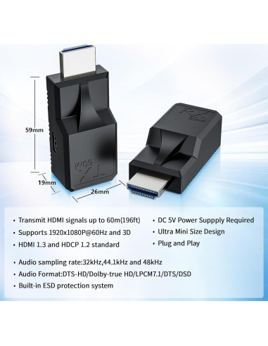 Extensor HDMI 60M LUKFOCAB Adaptador RJ45 Full HD 1080P