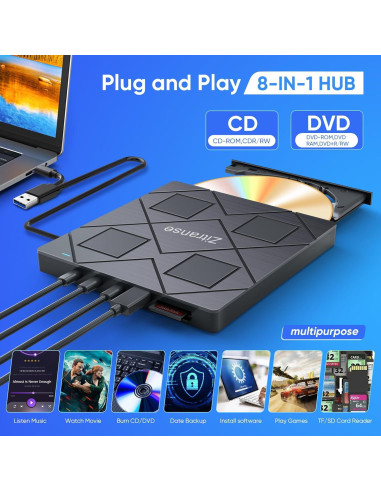 Unidad Externa de CD/DVD Zitranse 8 en 1 USB 3.0 Tipo C
