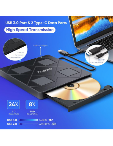 Unidad Externa de CD/DVD Zitranse 8 en 1 USB 3.0 Tipo C