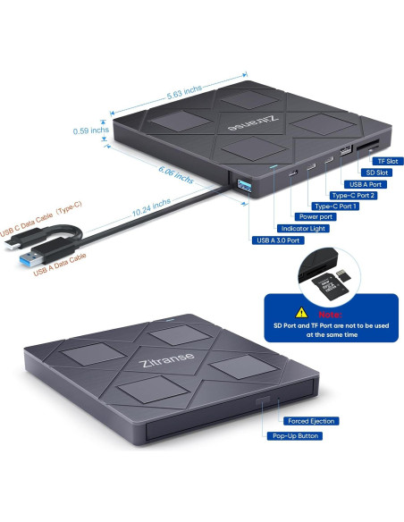 Unidad Externa de CD/DVD Zitranse 8 en 1 USB 3.0 Tipo C