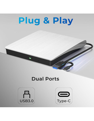 Unidad DVD Externa mthstec USB 3.0 Tipo-C Blanca 340g