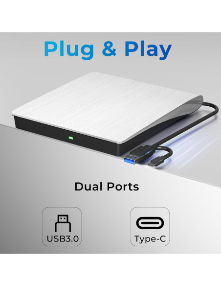 Unidad DVD Externa mthstec USB 3.0 Tipo-C Blanca 340g