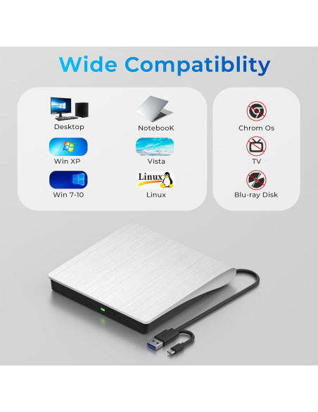 Unidad DVD Externa mthstec USB 3.0 Tipo-C Blanca 340g