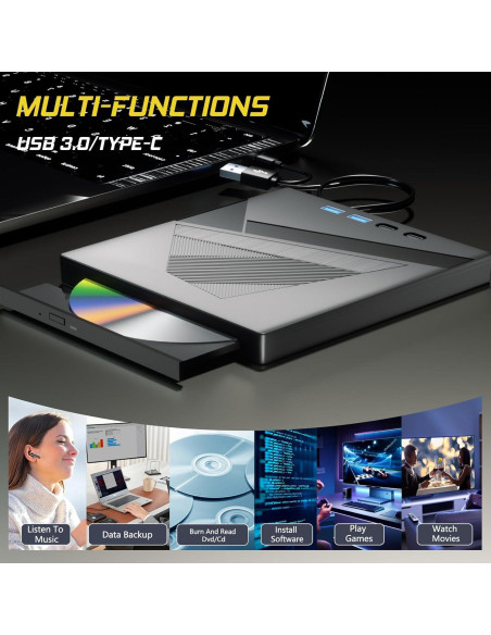 Unidad DVD Externa Taopjwr 7-en-1 USB Tipo-C y SD