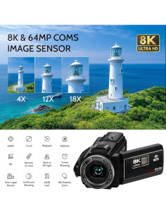 Cámara de Video 8K VETEK HDV01-8K 64MP WiFi con Batería 4500mAh 2