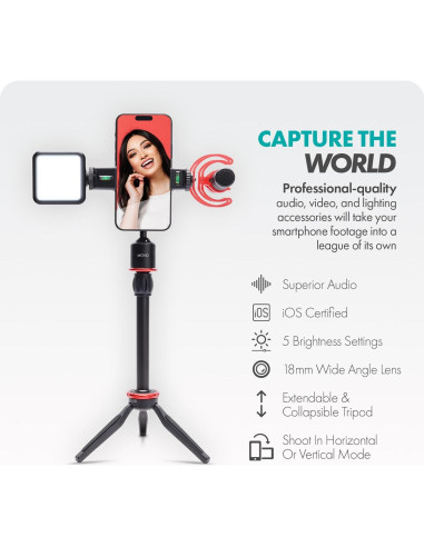 Kit de Vlogging Movo iVlog1 para iPhone - Micrófono, Luz LED, Trípode