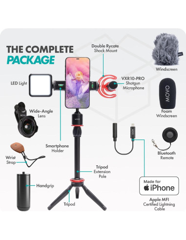 Kit de Vlogging Movo iVlog1 para iPhone - Micrófono, Luz LED, Trípode