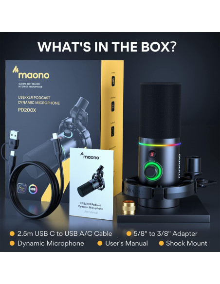 Micrófono Dinámico MAONO PD200X con Brazo BA37 y RGB