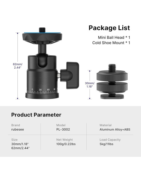 Cabezal de bola mini Rubesee PL-3002 para trípodes y cámaras