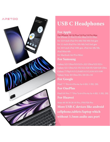 Auriculares USB C APETOO Rosa con Micrófono y Control de Volumen