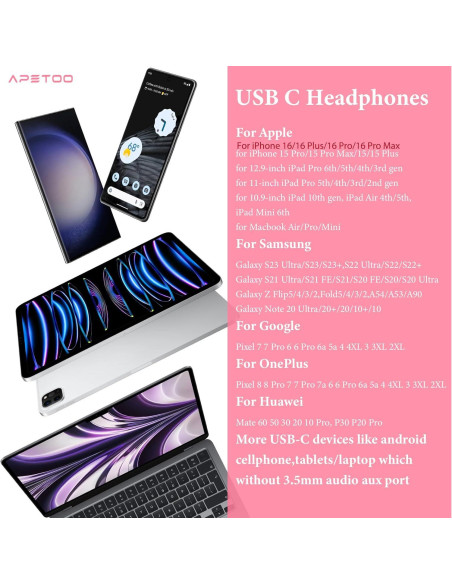 Auriculares USB C APETOO Rosa con Micrófono y Control de Volumen Auriculares USB C APETOO Rosa con Micrófono y Control de Volumen