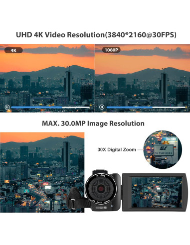 Cámara de Video 4K DEGIPO HDV-P12 30X Zoom WiFi Pantalla Táctil