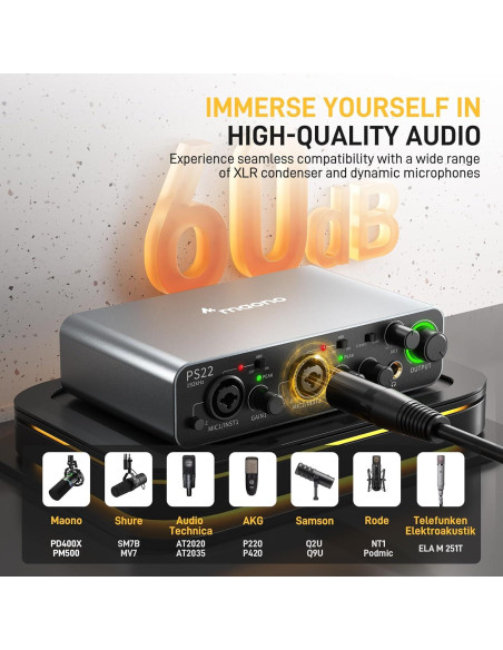 Interfaz de Audio USB MAONO PS22 con Micrófono XLR 24bit/192kHz