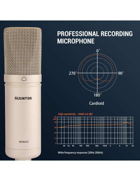 Micrófono de Condensador XLR SUUNTOK BM6000 Plata con Soporte