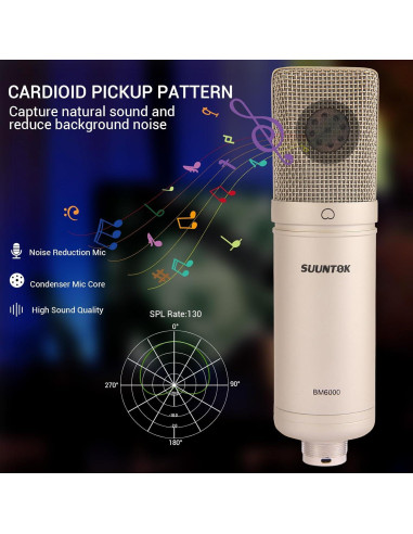 Micrófono de Condensador XLR SUUNTOK BM6000 Plata con Soporte