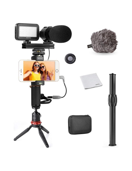 Kit de Vlogging Movo V7+ para iPhone y Samsung con Micrófono y Luz LED