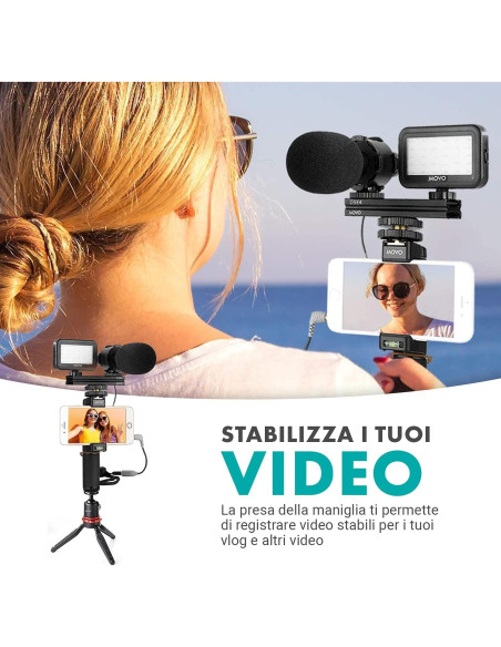 Kit de Vlogging Movo V7+ para iPhone y Samsung con Micrófono y Luz LED