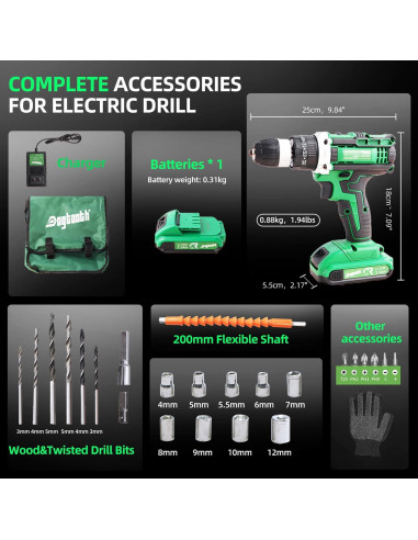 Taladro Inalámbrico DOGTOOTH 21V con 1 Batería y 23 Accesorios