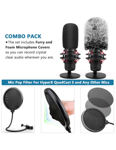 Kit 3 en 1 Filtro Pop HyperX Quadcast S + Pantalla Peluda + Funda Espuma