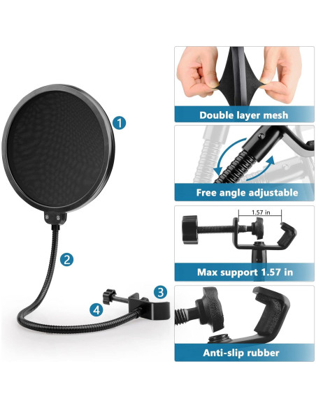 Kit 3 en 1 Filtro Pop HyperX Quadcast S + Pantalla Peluda + Funda Espuma