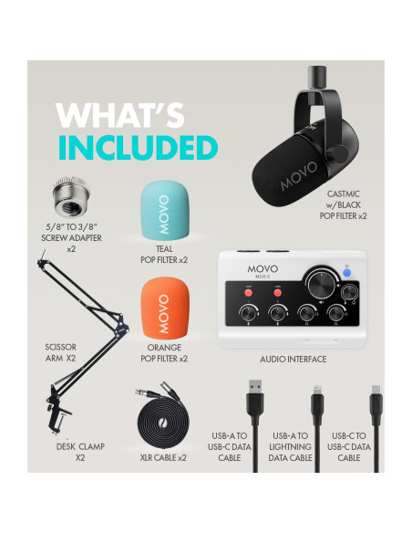 Kit de Podcast Movo PodPro-A con 2 Micrófonos y Soportes
