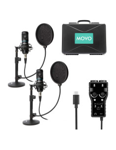 Kit de Grabación de Podcast Movo - 2 Micrófonos Condensadores, Soportes y Filtros