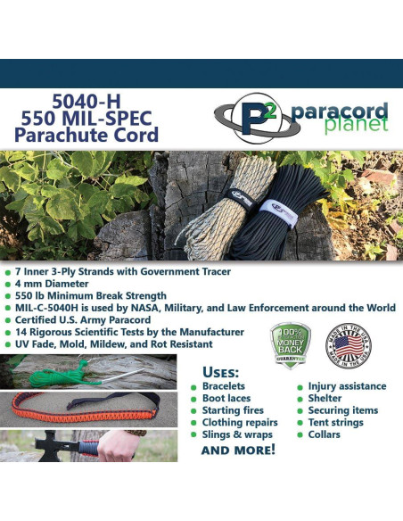 Cuerda de Paracaídas Paracord Planet 550 Nylon 36.58m Negro