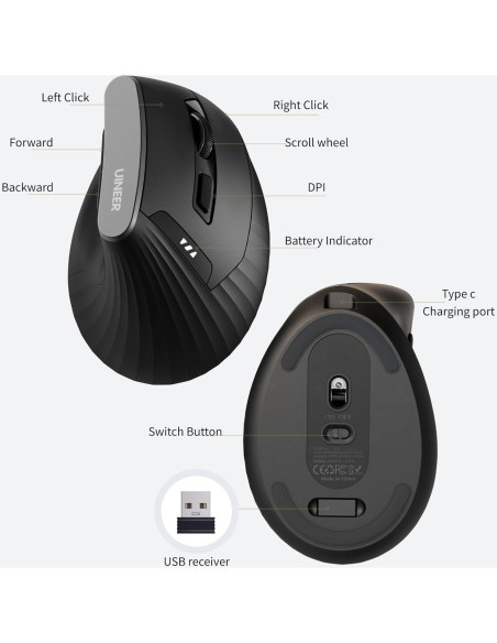 Ratón Vertical Inalámbrico Uineer A06P Ergonómico Negro