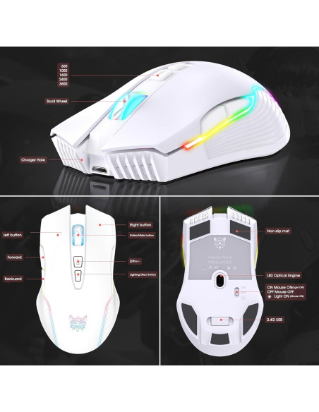 Ratón Gaming Inalámbrico PHNIXGAM Blanco RGB 3600 DPI