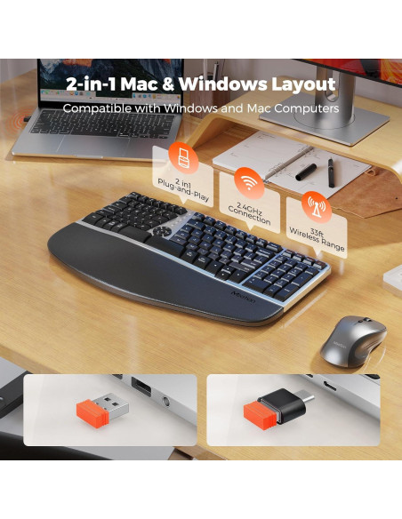 Combo Teclado y Ratón Inalámbrico Ergonómico MEETION Gris Negro