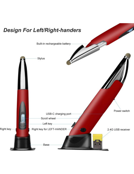 Ratón Óptico Ergonómico Inalámbrico Lychee Rojo con Stylus