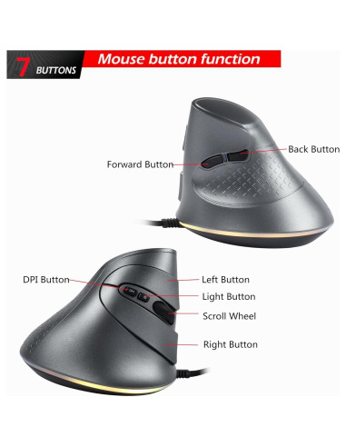 Ratón Vertical YOCUNKER USB Ergonómico 7200 DPI RGB Gris