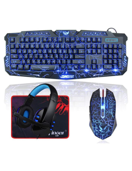Combo Teclado Gaming Retroiluminado BlueFinger + Ratón y Auriculares LED