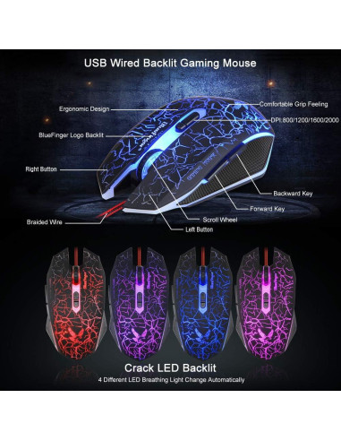 Combo Teclado Gaming Retroiluminado BlueFinger + Ratón y Auriculares LED