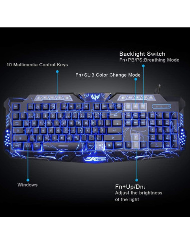 Combo Teclado Gaming Retroiluminado BlueFinger + Ratón y Auriculares LED