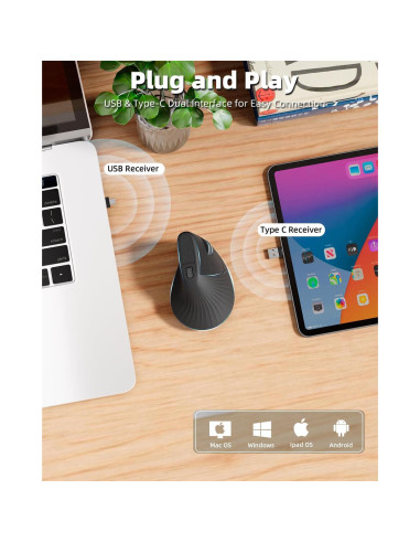 Ratón Vertical Ergonómico Zhaman Recargable USB Tipo C Negro