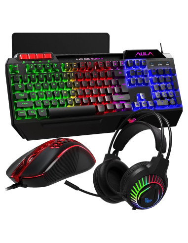 Combo Gaming AULA: Teclado RGB, Ratón, Auriculares y Alfombrilla