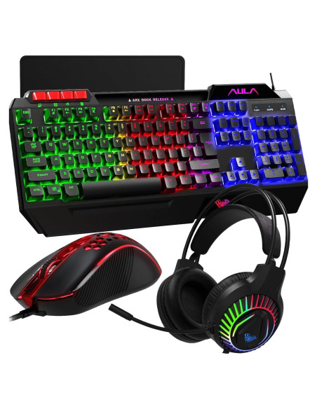 Combo Gaming AULA: Teclado RGB, Ratón, Auriculares y Alfombrilla